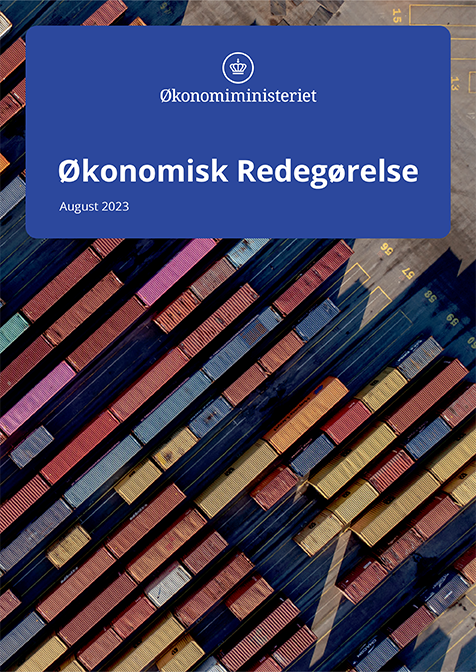 Forsiden til Økonomisk Redegørelse 2023 fra Økonomiministeriet viser en havn med containere set oppefra.
